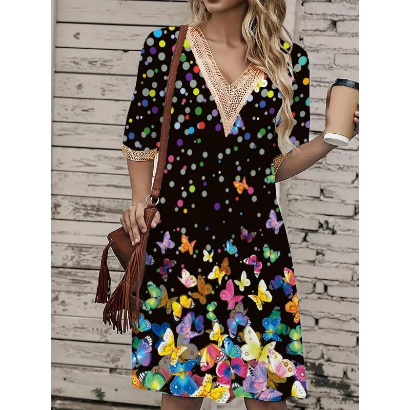 Damen Frühling/Sommer Printkleid Spitze V-Ausschnitt Loose Swing Kurzarm Mittellanges Kleid