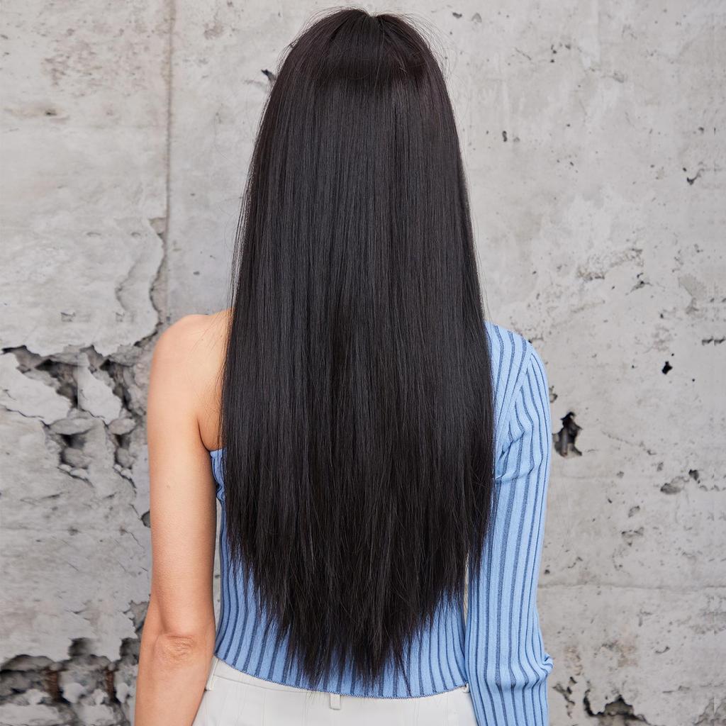 ALAN EATON Black Synthetic Wigs with Bangs Long Straight Black Wig High Temperature Fiber Wig for Daily Cosplay Hair Women Use