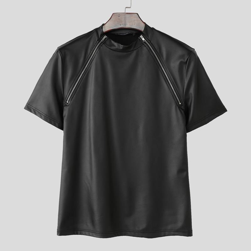 

INCERUN Men T-shirts Mockneck Short Sleeve Glitter Casual Fitted Tops L чёрный