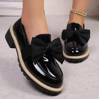 Women's Plus Size British Style Patent Leather Loafers New Autumn Bowknot Mid Cut Block Heel Shoes