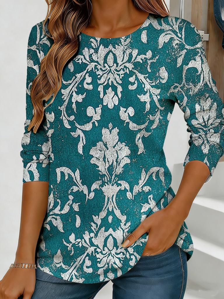 Top da donna blu-verde con stampa floreale, maniche lunghe, vestibilità ampia, girocollo, stile casual di tutti i giorni per la strada con design elegante.