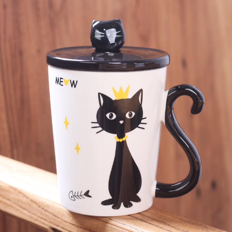Personalized Cartoon Cat White Porcelain Handle I Ceramic Cup with Lid Office Coffee Cup Creative Student Milk Drinking Water Cup