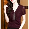 Summer Sexy V-neck Luxury Hot Diamonds Women’s T-Shirt Fashion Slim Mesh Short Sleeve Tees Brand Ladies  All Match Tops