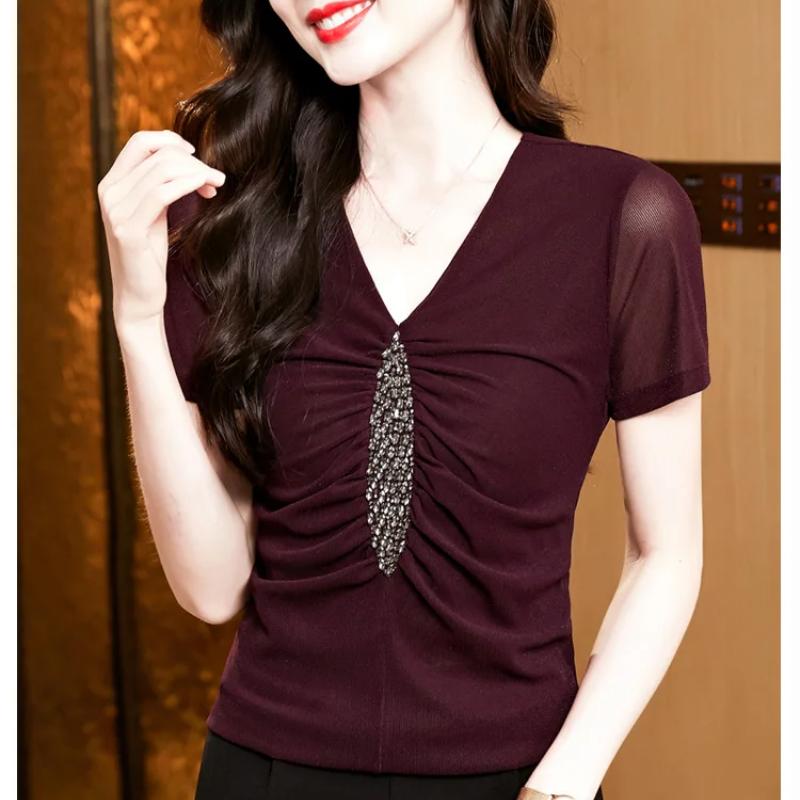 Summer Sexy V-neck Luxury Hot Diamonds Women’s T-Shirt Fashion Slim Mesh Short Sleeve Tees Brand Ladies  All Match Tops