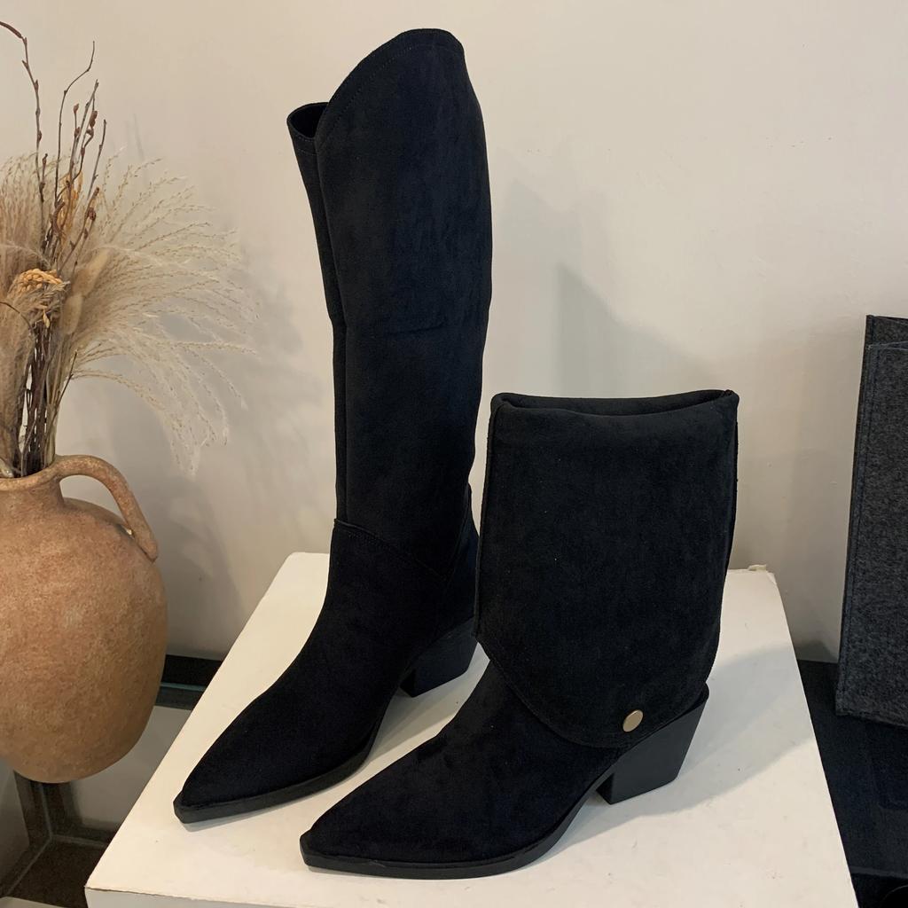 Fashion Retro Style Fold Button Women Knee-High Boots Fashion Pointed Toe Square Heels Casual Ladies Shoes Zapatos De Mujer