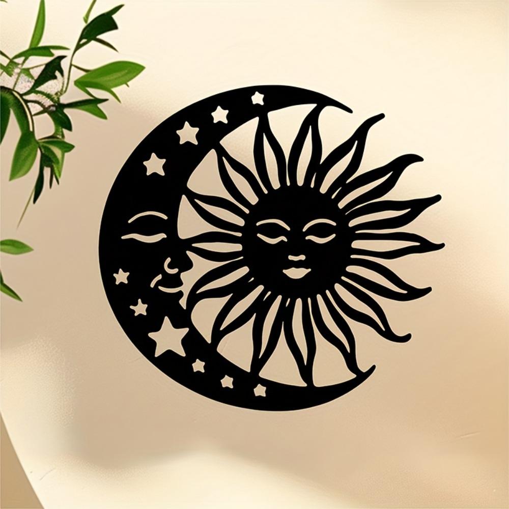 1pc Sun Moon Metal Wall Art, Celestial Silhouette Sculpture Striped Design Black White Stars, Modern Home Wedding Indoor Wall Decor