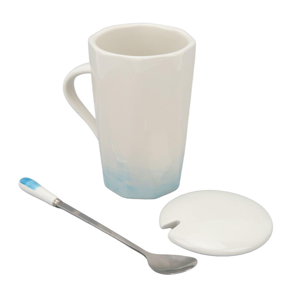 400ml Ceramic Mug Ink Painting Style Coffee Mugs Ceramic Coffee Mug with Spoon Lid for Home Office Cyan