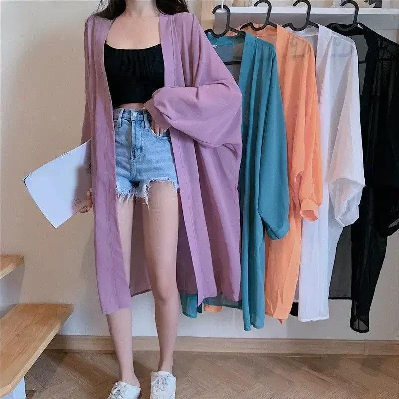 Summer Uv-protection Wear Women Korean Chic Loose Jacket Basics Chiffon Double Collar Design Lantern Sleeve Cardigan