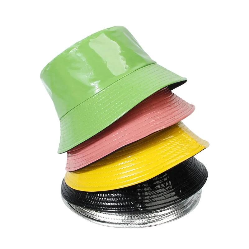 Modny Błyszczący Kapelusz Bucket Hip-Hop dla Kobiet Mężczyzn Skóra PU Wodoodporny Kapelusz Panama Letni Kapelusz Rybaka Bob Kapelusz Słoneczny Kapelusz Wędkarski