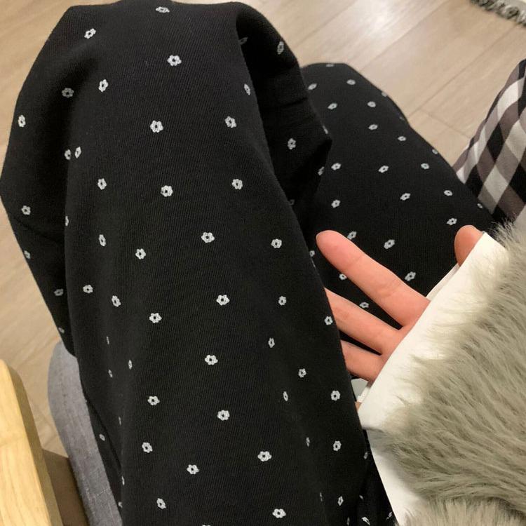 Women's High Waist Black Polka Dot Floral Wide-Leg Trousers with Velvet Lining - Autumn/Winter