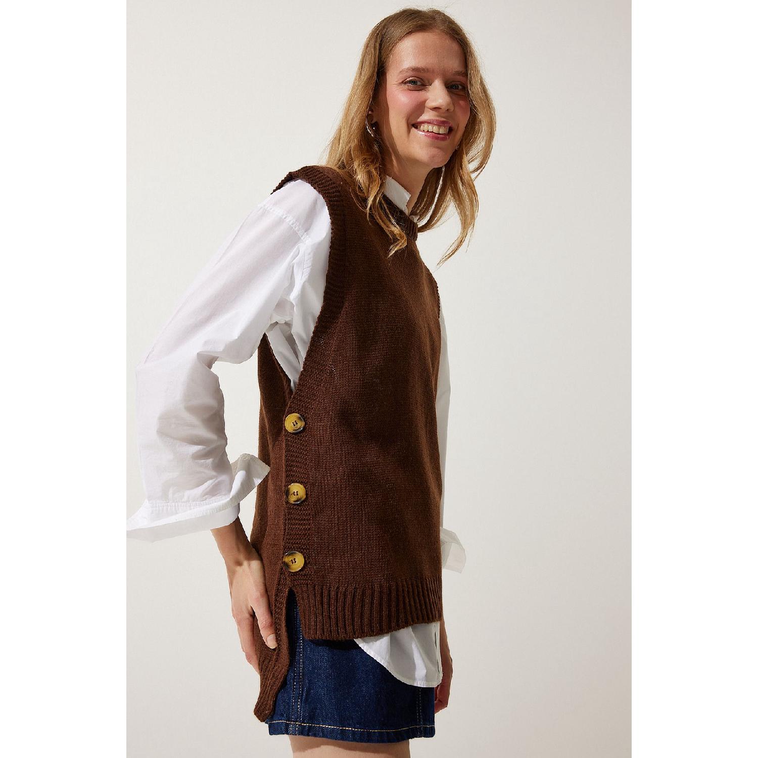

Women s Brown Crew Neck Buttoned Knitwear Sweater Yg00100 Standart коричневий