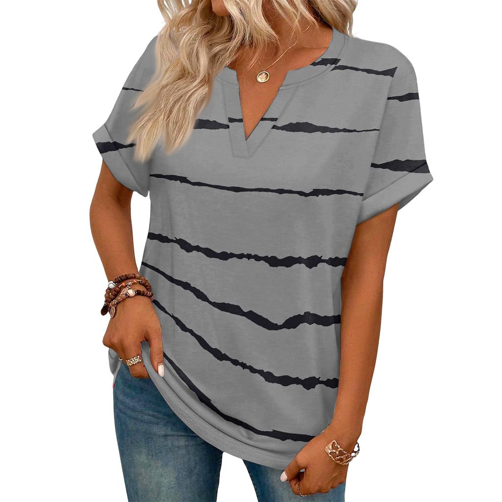 Stylish Women's Casual V-neck Short-sleeved Striped Plaid Print T-shirt