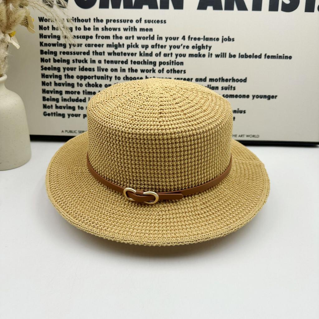 ins wind knitted Panama hat metal buckle belt decorative flat top top hat spring and summer sun protection breathable lady jazz hat
