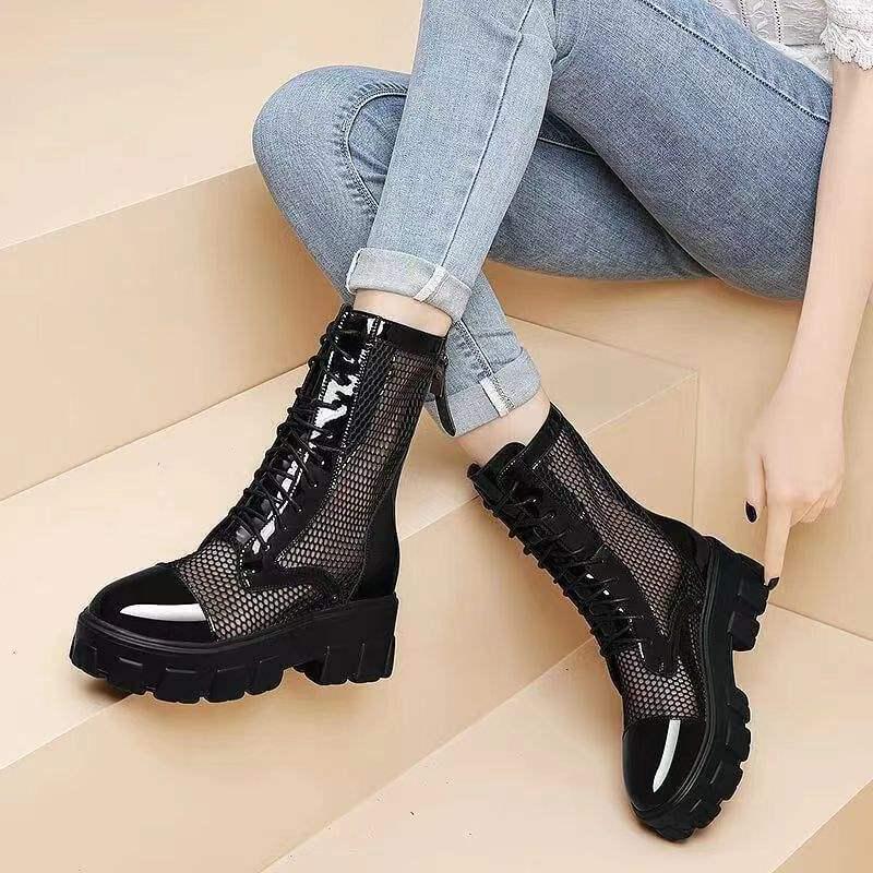 Genuine Leather Mesh Thick Sole Height-Boost Women's Martin Boots 2025 - Breathable Cut-out Design