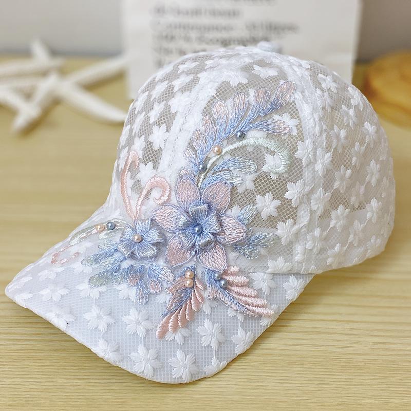 Women's Summer Lace Baseball Cap with Embroidered Floral Mesh - Korean Style Sun Protection Hat