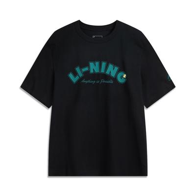 Li Ning Sports Trend Series Casual Minimalist Solid Color Round Neck Pullover Letter Short Sleeve T-Shirt Men T-Shirts Black AHSV683-3