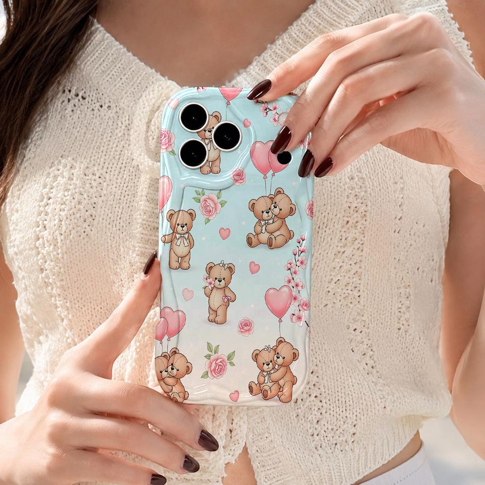 All Over Cartoon Teddy Bear Heart Balloon Wavy Edge Phone Case For iPhone 17 16 15 14 13 12 11 8 7 Plus Pro Max Cute Cover