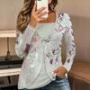 Tops for Women  Floral Print Long Sleeve Fake Two‑Piece Top Fall Casual Slim Pullover Women's Long Sleeve Top