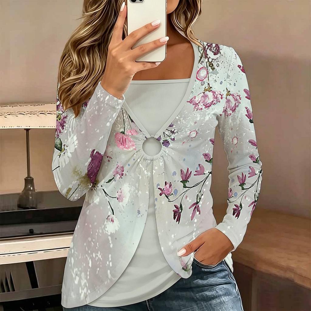 Tops for Women Floral Print Long Sleeve Fake Two‑Piece Top Fall Casual Slim Pullover Women's Long Sleeve Top