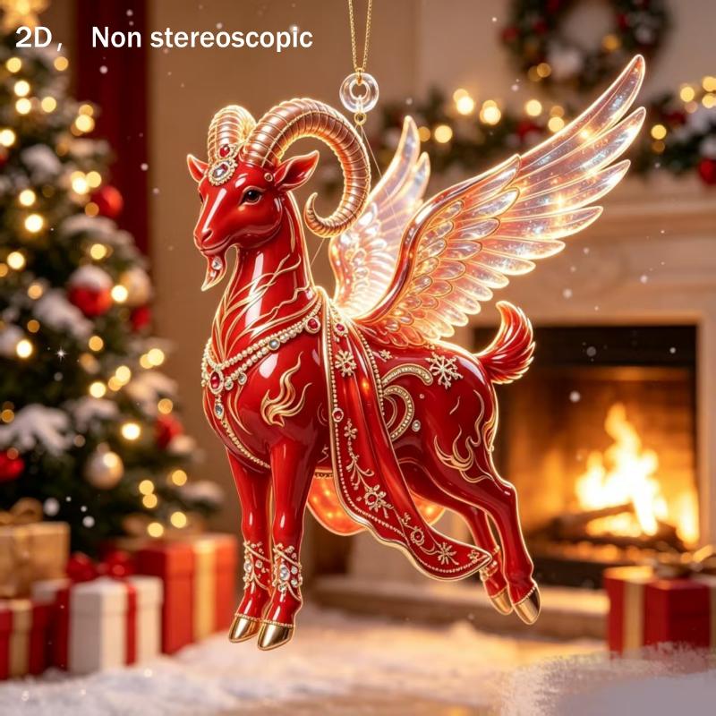 2D Red Golden Ram Christmas Hanging Ornament With Exquisite Details Glossy Finish For Christmas Tree Home Holiday Party Decorati