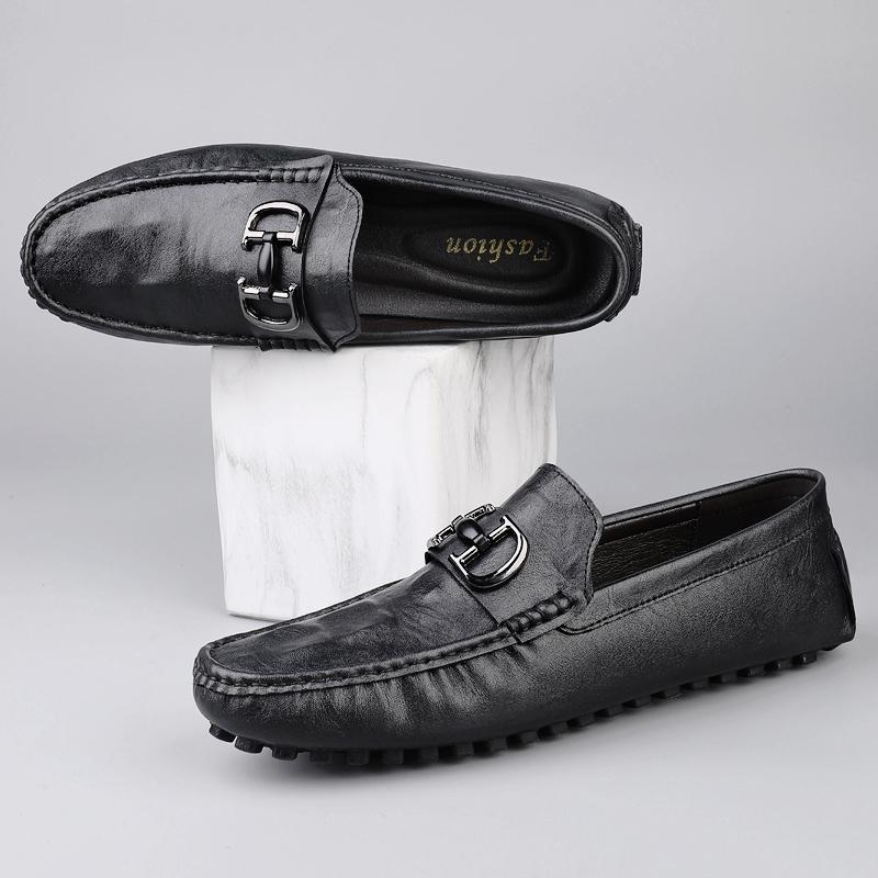 Fashion Comfy Leather Casual Shoes Fashion Style Men's Loafers Breathable Metal Buckle Moccasins Man Comfortable Business Slip On Flats