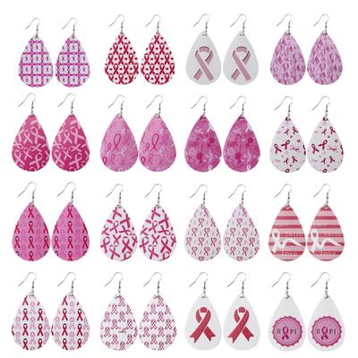 Pink Ribbon Faux Leather Water Drop Breast Cancer Awareness Earrings