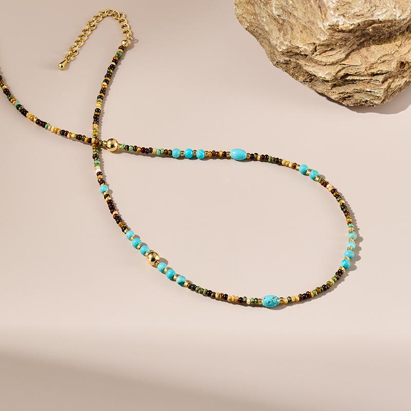 French Retro Minimalist Turquoise Seed Bead Choker Necklace for Women