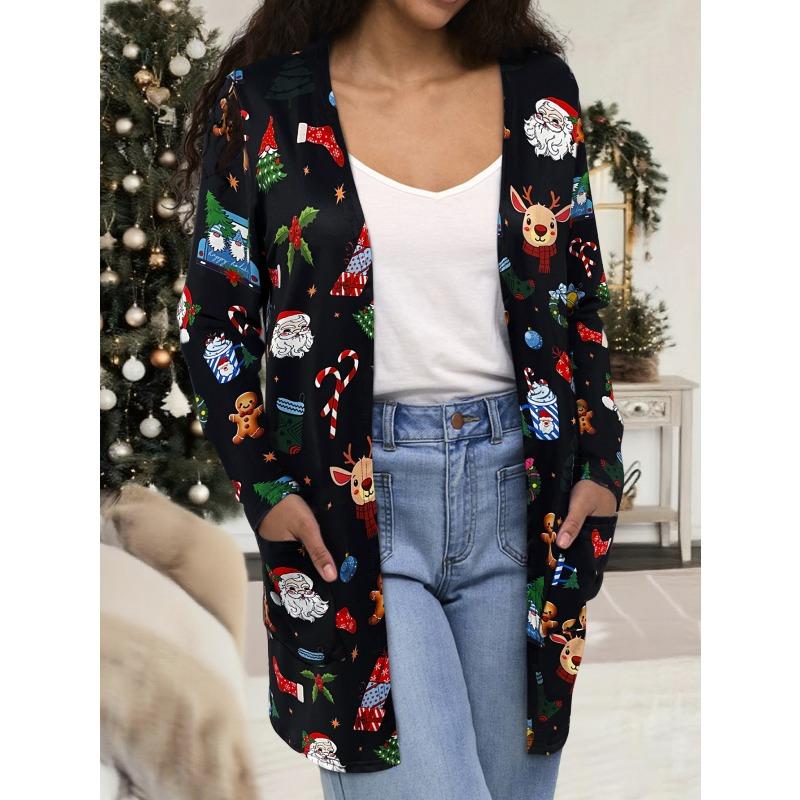 

Кардиган на пуговицах с длинным рукавом для женщин, с многогранными праздничными принтами, из мягкой ткани, идеально подходит для праздничных посиделок S чёрный