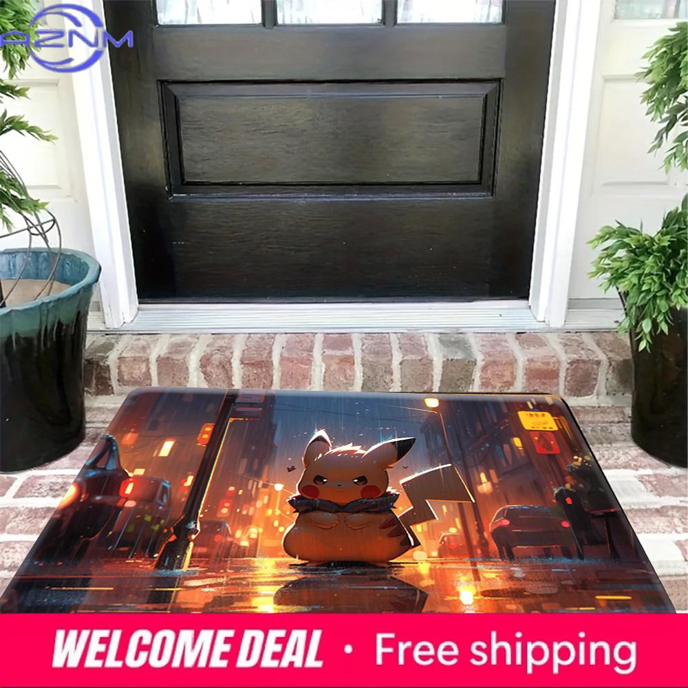 Pokemon Pikachu Night City Rain Print Non-Slip Doormat, Absorbent Floor Mat for Home Decor