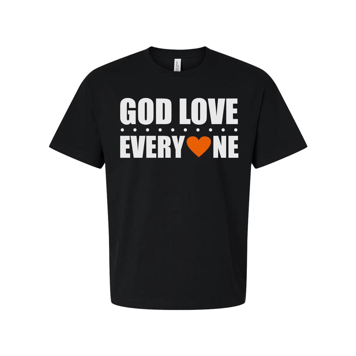 Unisex Christian Graphic Tee Featuring God Love Everyone Message And Orange Hear 2XL