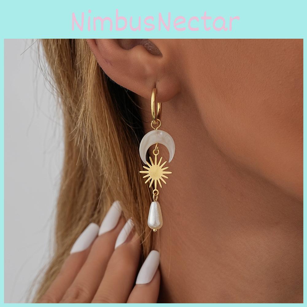 Unique Geometric Shell Earrings With Gold Plated Moon Teardrop Design