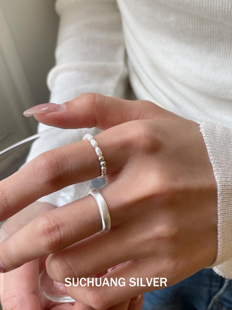 S925 Sterling Silver Freshwater Pearl Open Ring - Women's Stackable Frosted Band