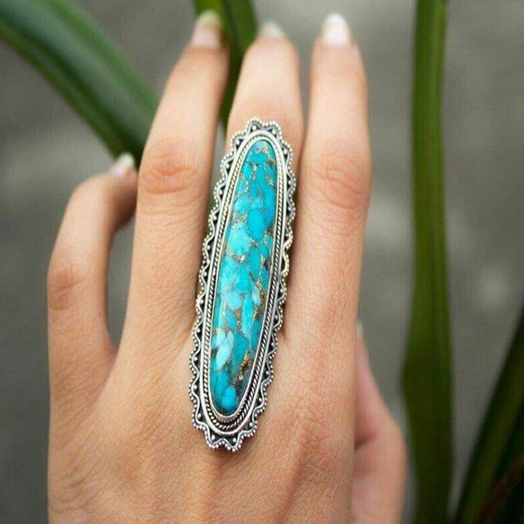 Vintage Bohemian Blue Plaid Turquoise Ring For Women Unique Fashion Statement Jewelry Band