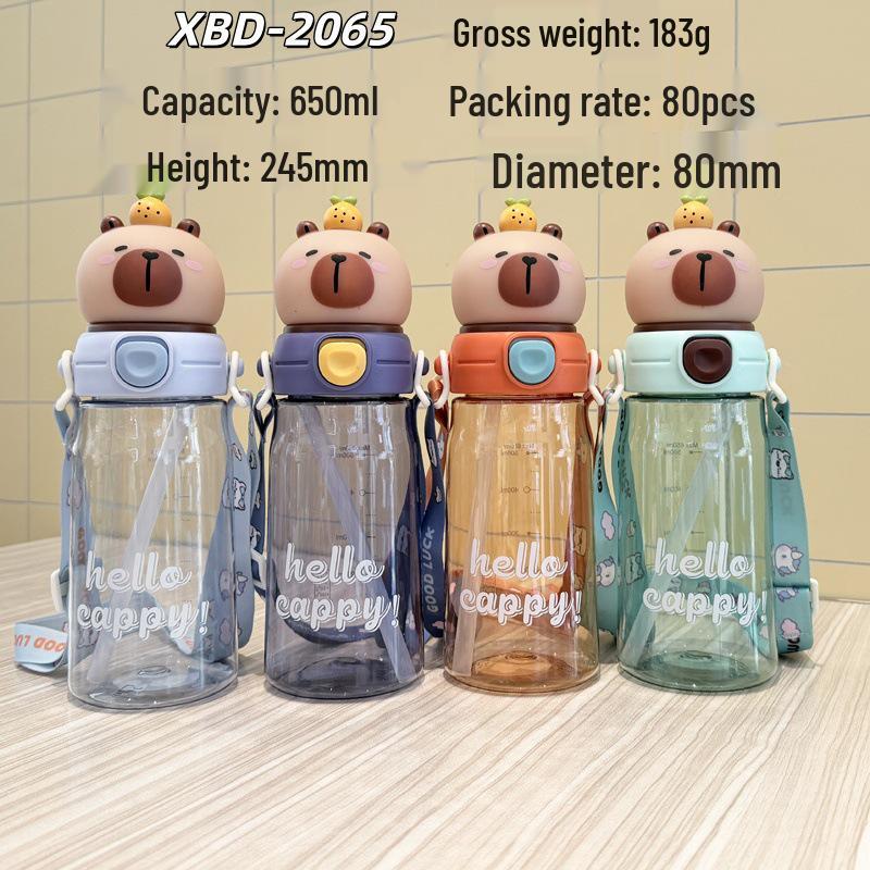 Cartoon Bear Straw Cup: Portable Flip-top Water Bottle with Lanyard