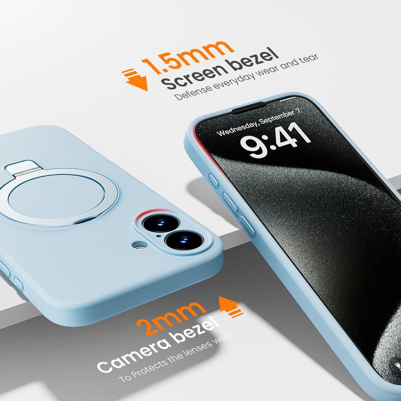 Suitable for Apple 16Pro solid color mobile phone case, skin-friendly iPhone16e mobile phone case, liquid silicone magnetic suction bracket.