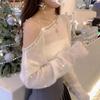 Damen Off-Shoulder Pullover, Strickoberteil, Trägerloses Oberteil im französischen Stil