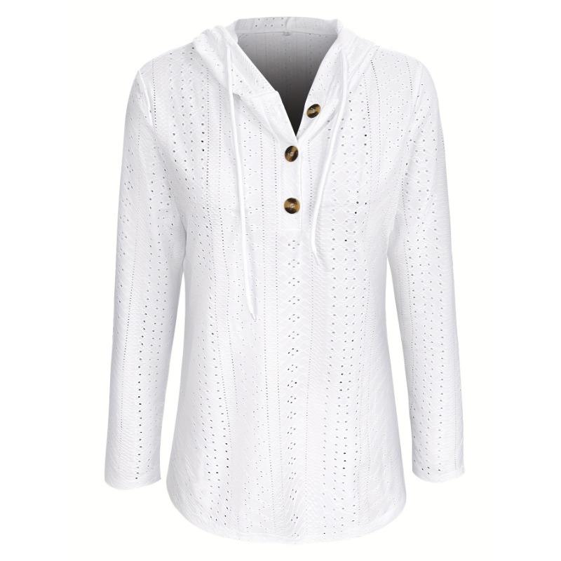 Felpa con cappuccio a occhielli e bottoni a tinta unita, felpa casual a maniche lunghe con coulisse, abbigliamento da donna