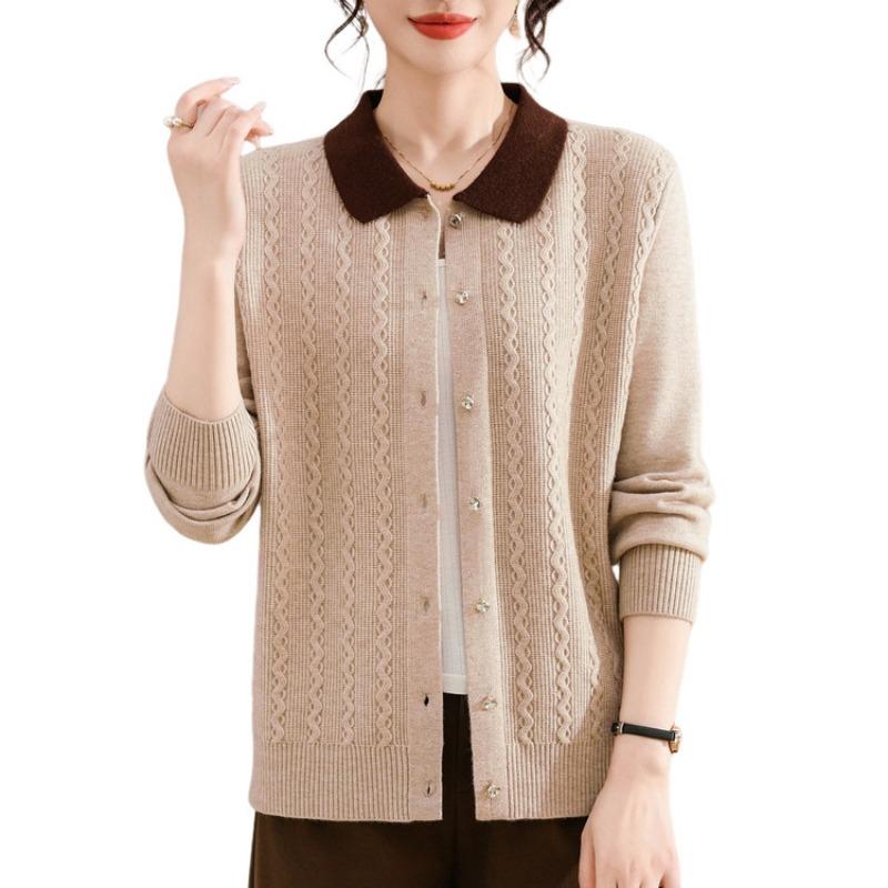 Mom lapel sweater sweater women's autumn and winter cardigan short large size women's knitted long-sleeved jacket