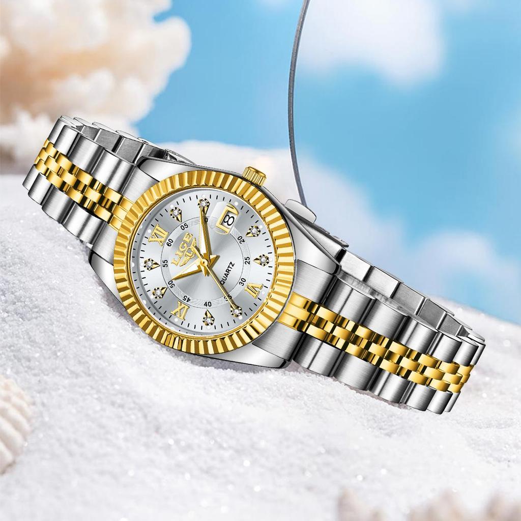 LIGE Moodne naiste käekell, lihtne elegantne terasest automaatne kuupäevaga veekindel naiste kvartskella