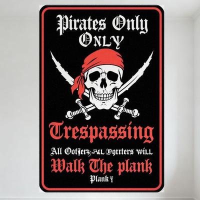 Pirates Only Trespassing Warning Metal Tin Sign Skull & Crossed Swords Gothic Style Red Border Plank Decor for Man Cave Bar Rest