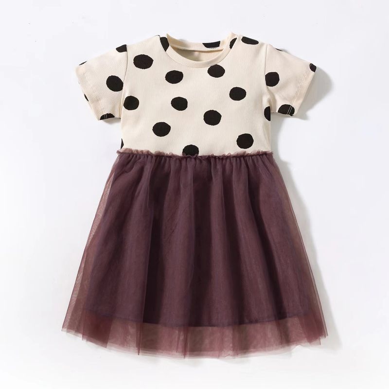 Foreign Trade Short-Sleeved Cotton Dot Mesh Princess Dress Children s Clothing Off-White Size 4t/110 Recommended Height 100-110cm
