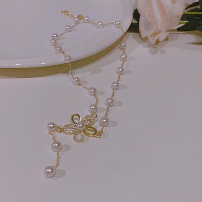 Damesketting Sprankelende Strass Bloem Delicaat Elegant Kralen Glanzende Kunstparel Sleutelbeenketting