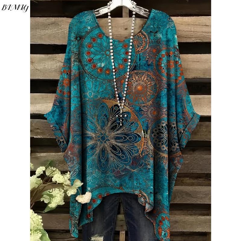 Bohemian Floral Tunic Plus Size Women s Bohemian Floral Print Tunic T-Shirt Short Sleeve Round Neck Casual Top 1XL