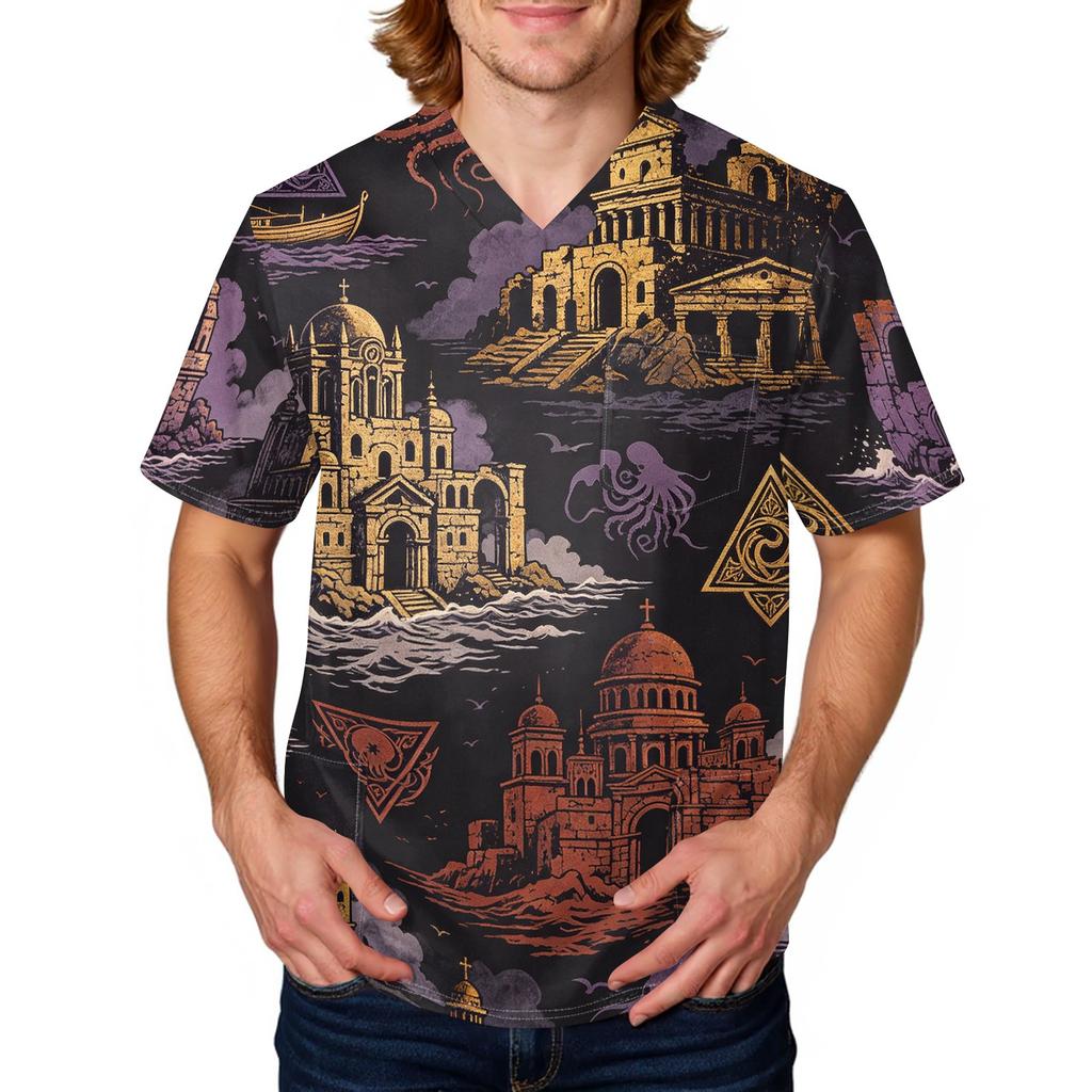 Herren Halloween Print V-Ausschnitt Kasack mit Tasche Kurzarm Uniformhemd
