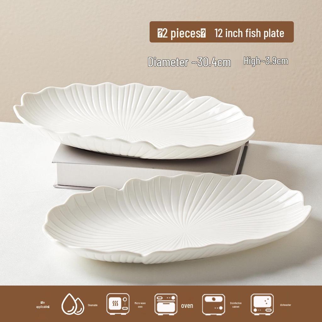White Porcelain Oval Seafood Plate - High-Temperature Resistant, Ideal for Restaurants and Hotels.