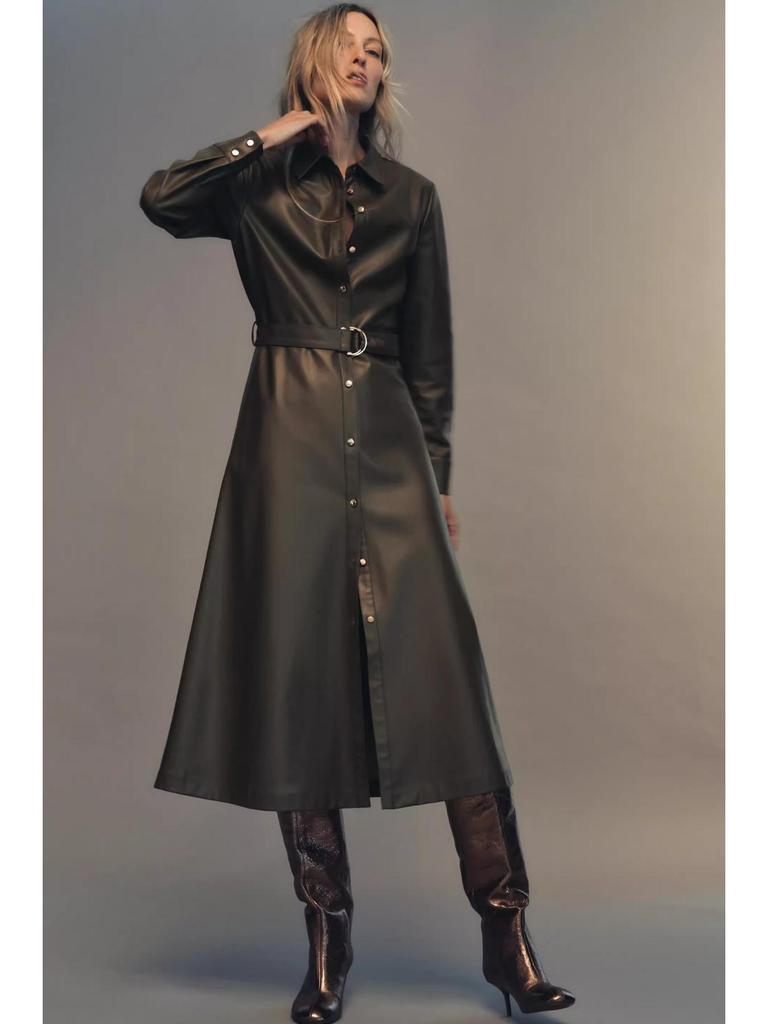 Women's 2025 Faux Leather Long-Sleeve Belted Shirt Dress – Winter Collection