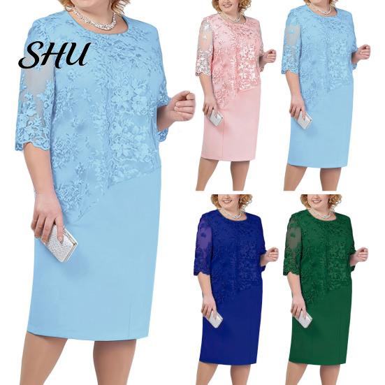 Abito con Maniche a Metà Donna Taglie Forti Ballo Scollo Tondo Manica a Metà Ricamo Pizzo Scollo Rotondo Patchwork Floreale Finto Due Pezzi Festa di Matrimonio Grande