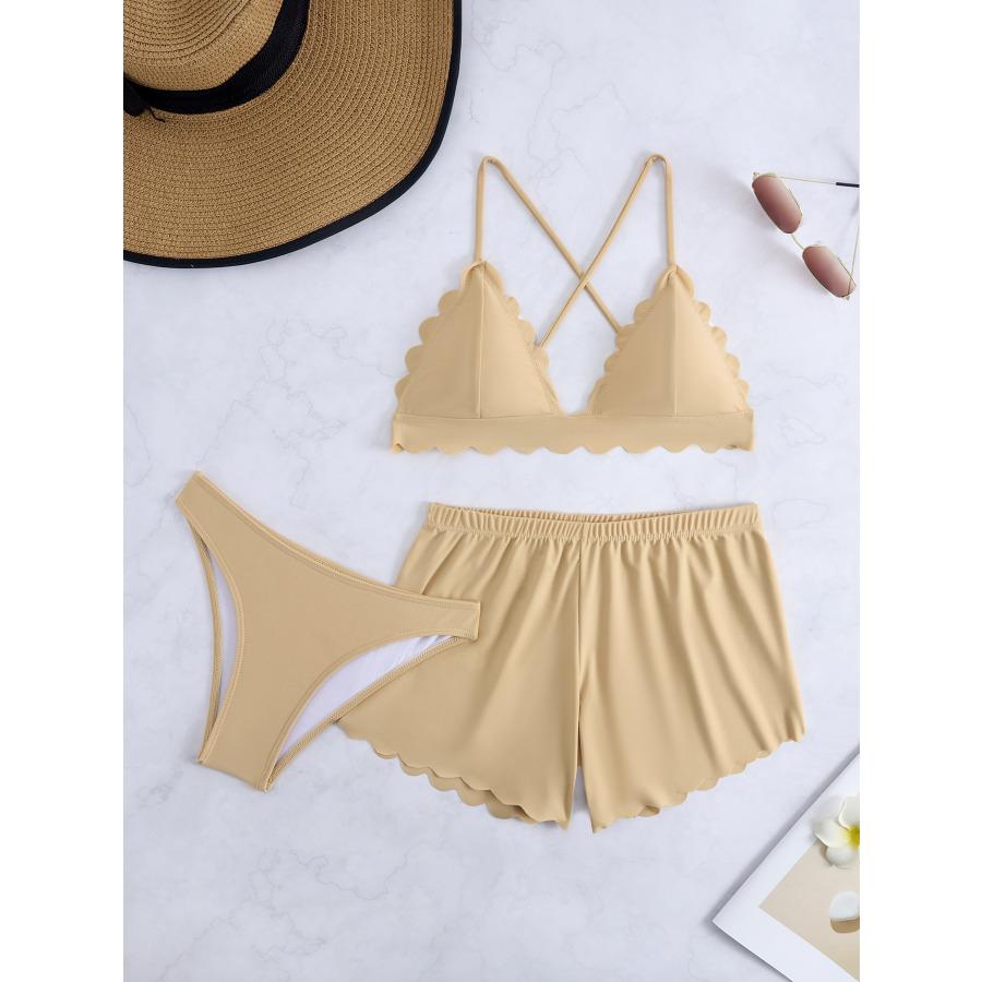 Women's 3 Piece Swimsuit Set Sexy Tie Side Bikini with Skirt Cover Up, Solid Color Swimwear for Summer Beach Vacation 0963