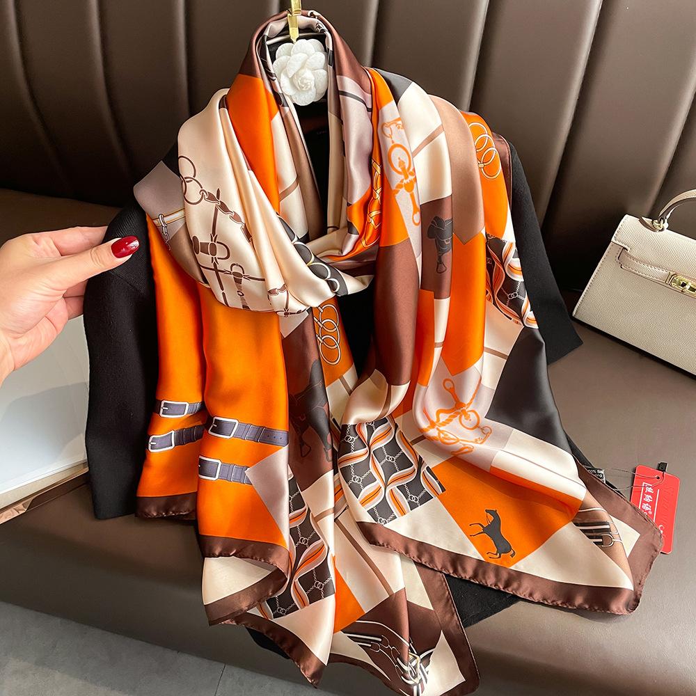 New silk scarf new silk satin printed shawl holiday fashion sunscreen long section simulation silk scarf