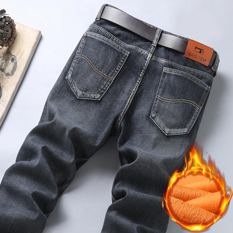 Winter Men's Warm Fleece Jeans Men Business Thicken Denim Trousers Stretch Slim Fit Pants Plus Size 28-40